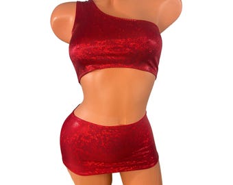 Set minirok met blote schouder – sexy clubwear-outfit rood gebroken glas metallic