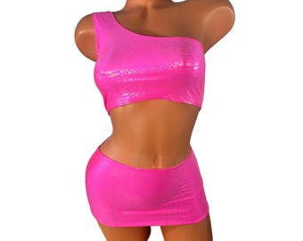 Set minirok met blote schouder – sexy clubwear-outfit felroze slangenprint