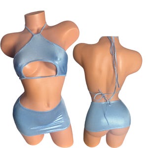 Metallic Baby Blue Micro Mini Skirt Set: Halter Top Club Wear