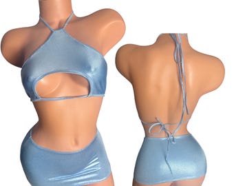 Metallic babyblauwe microminirokset: haltertop clubwear