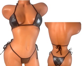 Microbikini negro y plateado: tanga con lazos laterales, ropa de playa exótica