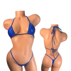 Blue Micro Thong Bikini – Wide Front Holographic Bikini Set, Exotic Dancer Swimwear, Festival Rave Look