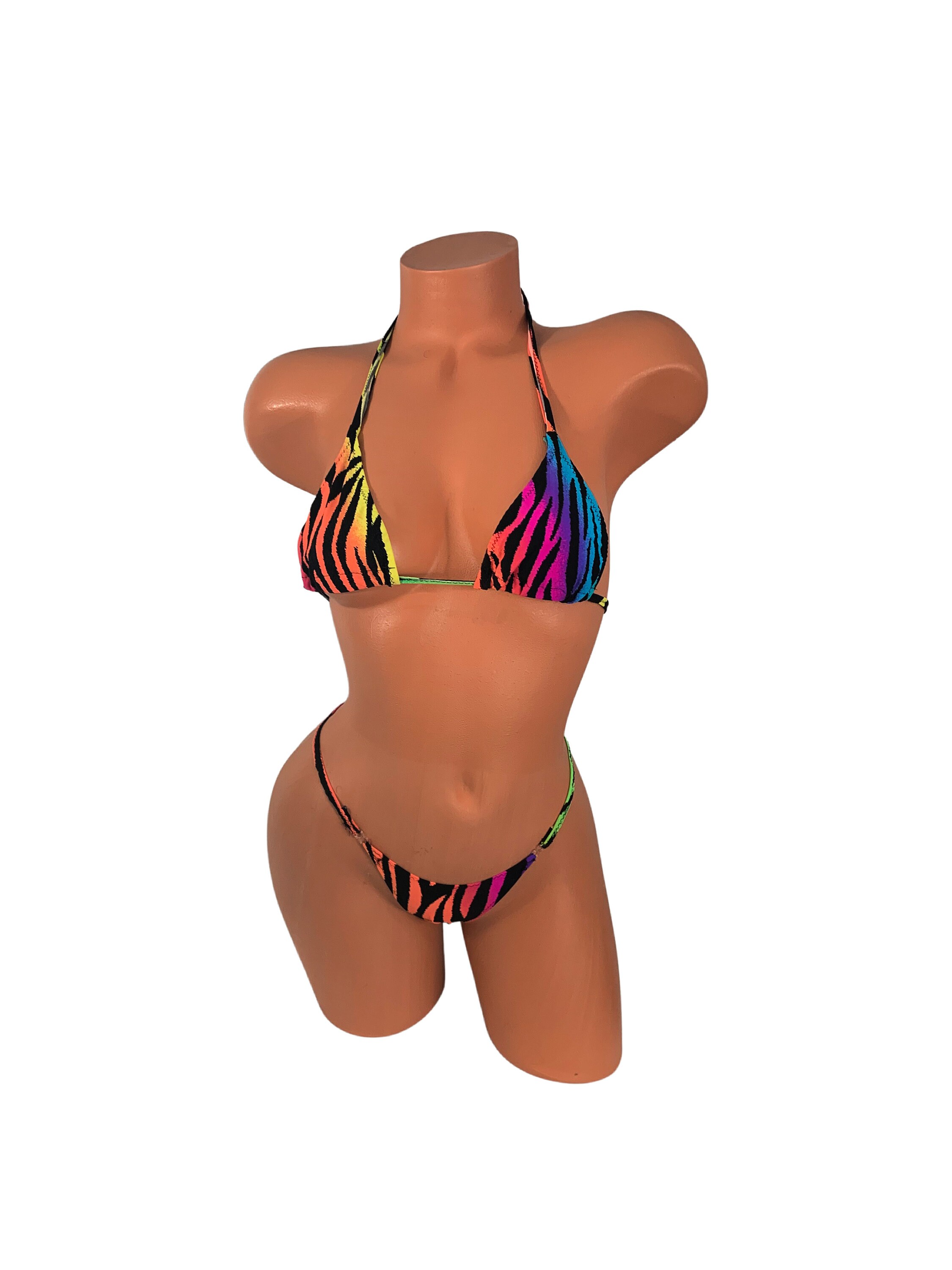 Rainbow Zebra print Y bottom thong micro Bikini plus size Etsy
