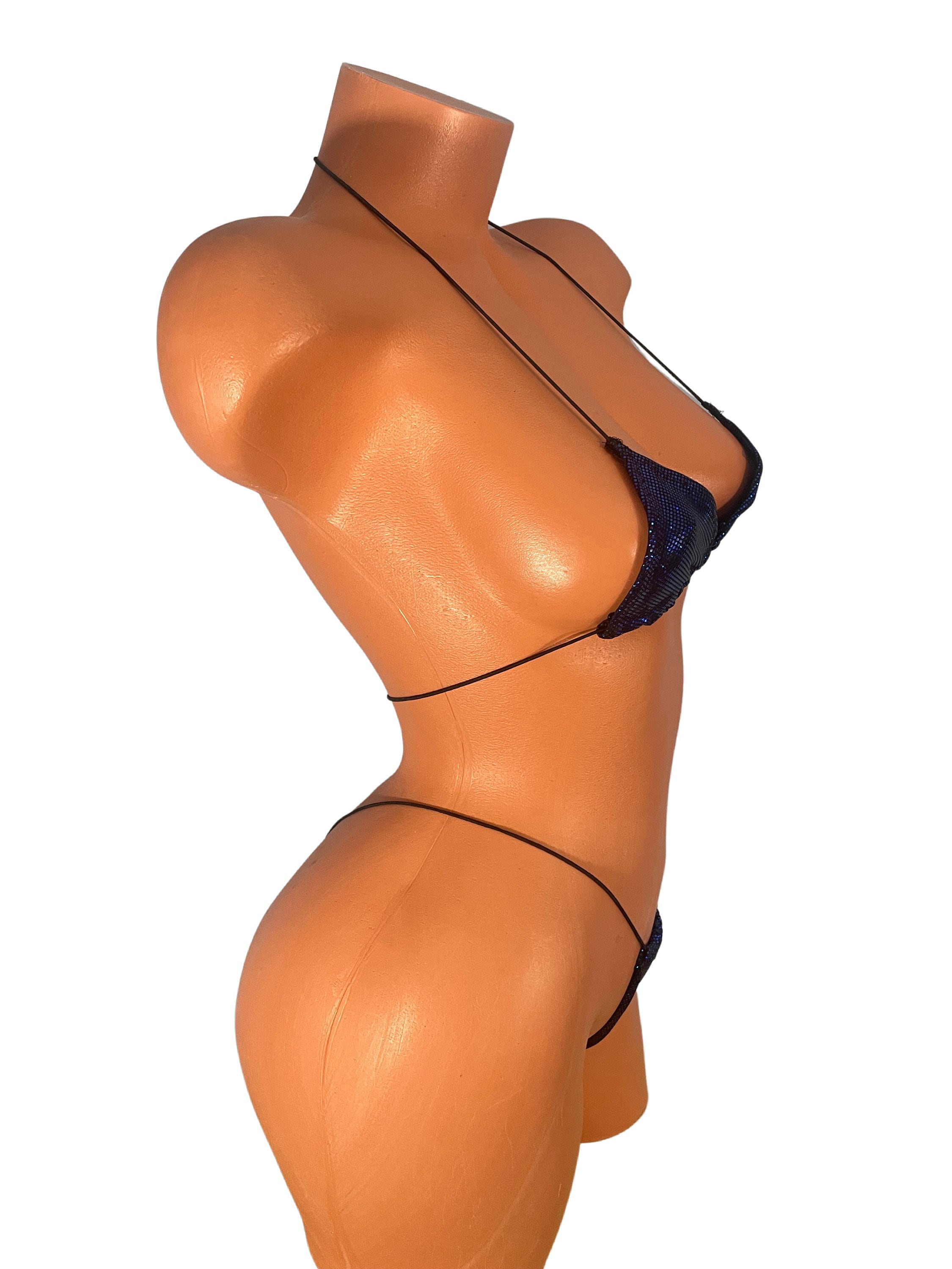 Micro thong string bikini barely there Sapphire blue shatter glass on black one size fits most