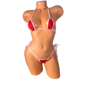 Red string tie bikini Set baby pink Trim  sci-fi Swimwear for Exotic Dancers  Models