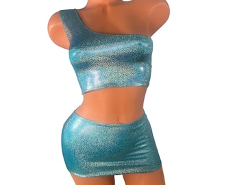 Set minirok met blote schouder – sexy clubwear-outfit zilver op turkoois