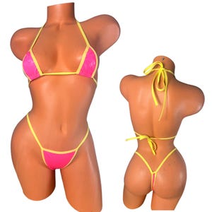 Pink yellow trim Micro Thong Bikini – Wide Front Holographic Bikini Set, Exotic Dancer Swimwear, Festival Rave Look