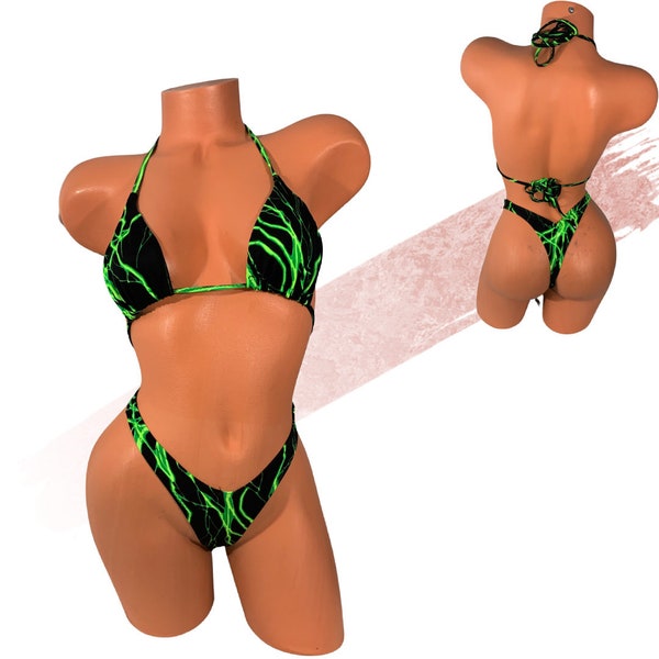 Neon Grün Blitz drucken Schwarzlicht europäischen Micro Scrunch Unterteil oder brasilianischen Schnitt Bikini