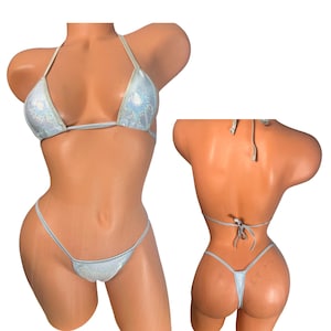 Silver Micro Thong Bikini – Wide Front Holographic Bikini Set, Exotic Dancer Swimwear, Festival Rave Look