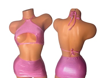 Pink Metallic Micro Mini Skirt Set: Halter Top, Exotic Clubwear