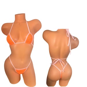 Neon Orange baby pink trim Micro Thong Bikini – Wide Front Holographic Bikini Set, Exotic Dancer Swimwear, Festival Rave Look wet look