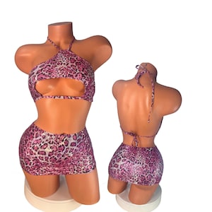 Pink Leopard Micro Mini Skirt Set: Halter Top Club Wear