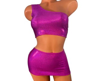Set minirok met blote schouder – sexy clubwear-outfit fuchsia metallic