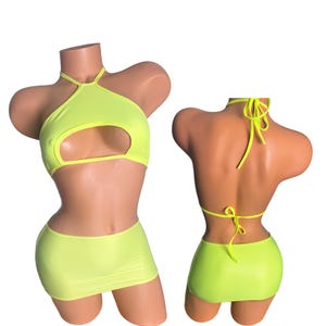 Neon Yellow Micro Mini Skirt Set: Halter Top, Club Wear