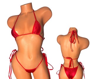 Red Satin Micro Bikini: Cheeky Scrunch String Tie Swimsuit
