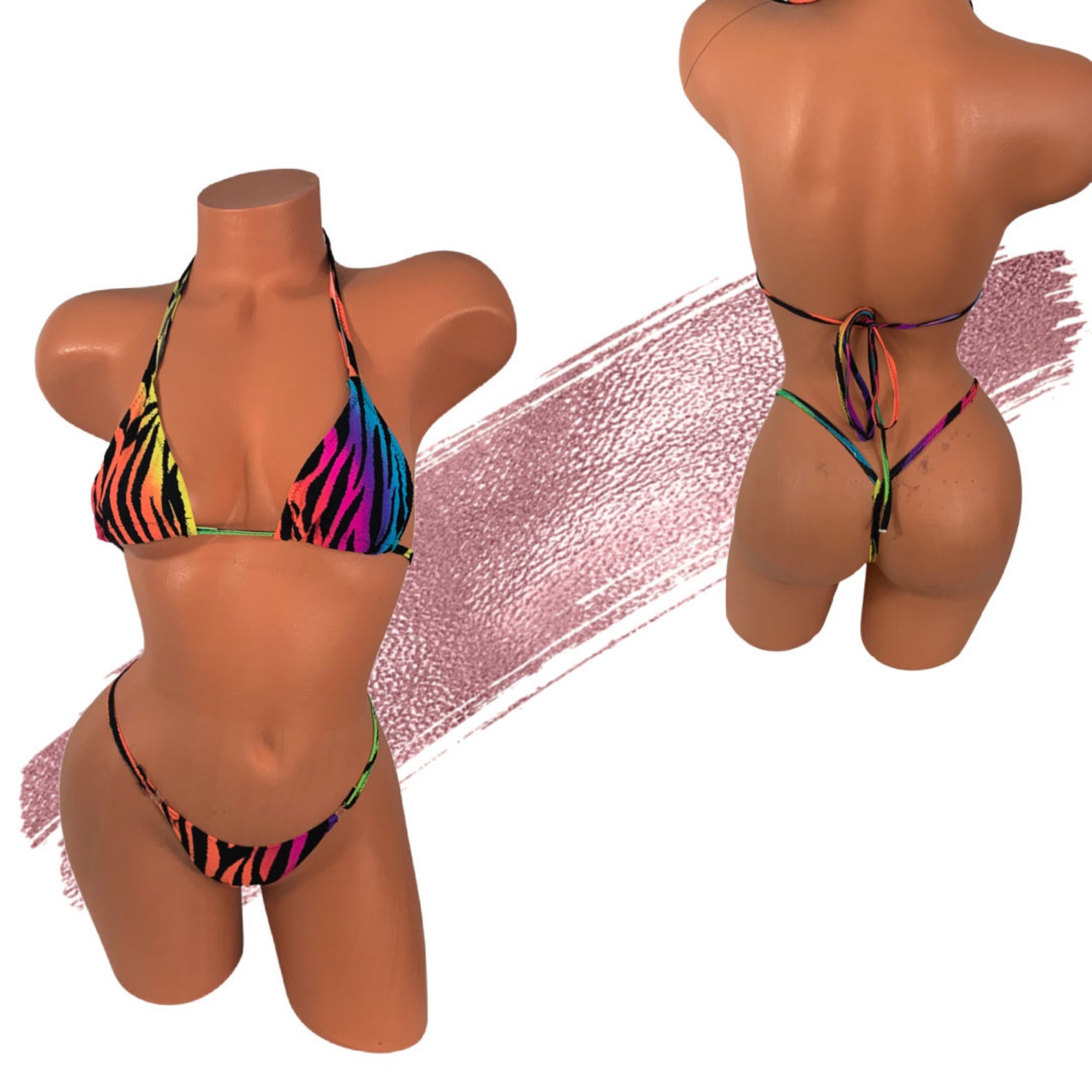 Rainbow Zebra print Y bottom thong micro Bikini plus size Etsy