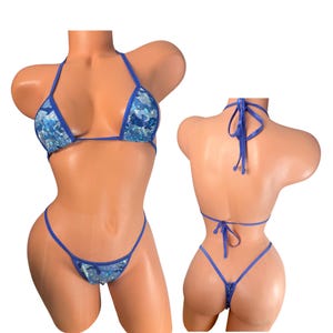Blue Camo blue trim Micro Thong Bikini – Wide Front Holographic Bikini Set, Exotic Dancer Swimwear, Festival Rave Look