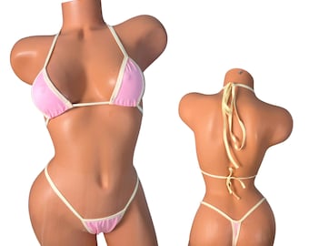 Baby Pink Micro Thong Bikini – Cream Trim Spandex G-String