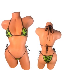 Grün Leopard Tie Bikini Set – Sexy Micro Triangle Top String Bottom Tanzbekleidung Strand Fotoshooting