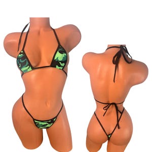 Neon green camouflage Micro Thong Bikini – Wide Front Holographic Bikini Set, Exotic Dancer Swimwear, Festival Rave Look