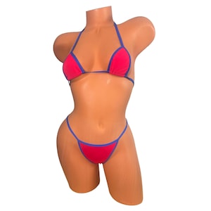 Vattenmelonblå kantad Micro Thong-bikini – Bikiniset med brett framtill, Exotiska dansare-badkläder, Festival Rave-look