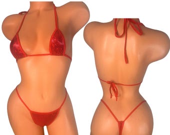 Red Metallic Micro Thong Bikini – Holographic Rave Swimwear