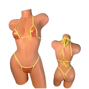 Tiny Triangle Bikini Set – Metallic Orange & Yellow Trim, Cheeky Fit – Sexy Handmade Micro Swimwear
