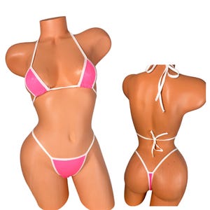 Pink white trim Micro Thong Bikini – Wide Front Holographic Bikini Set, Exotic Dancer Swimwear, Festival Rave Look wet look