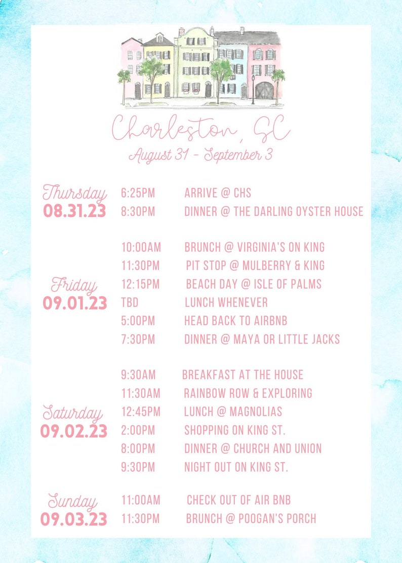 Editable Charleston Itinerary/invitation- 2 Options - Etsy