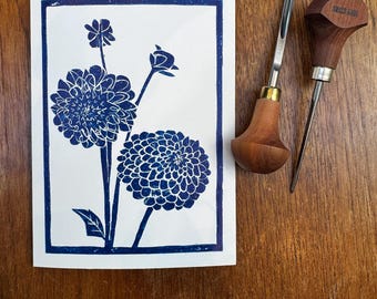 Hand printed Lino Print Greetings Card – Blue Dahlia Flowers – Blank Inside – 13x18cm blue indigo