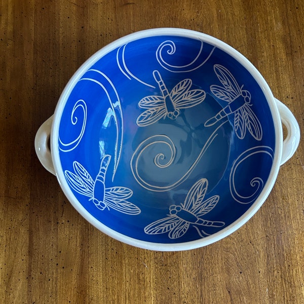 Blue and White Dragonfly Serving Bowl with Handles