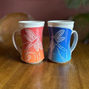 Blue and Orange Dragonfly Pottery Mug Set / Set of 2