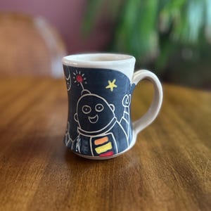 Handmade Robot Mug, Stoneware Carved Kids Mug, 8 oz