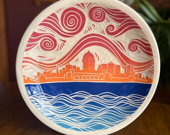 Madison Sunset Skyline Platter / Handmade / Wisconsin / Capitol Building