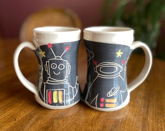 Space Guy Mugs /  gifts for geeks / Robots and Astronaut / Set of 2