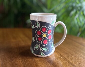 Yellow, Red, Orange, Green and Black Summer Flower Mug