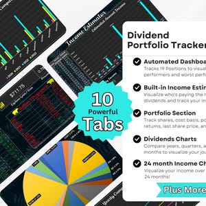 May include: A digital financial dashboard with multiple charts and graphs, including a pie chart and bar graphs. The dashboard displays data related to income, portfolio performance, and dividends. Text on the screen includes "Dividend Portfolio Tracker" and "10 Powerful Tabs."