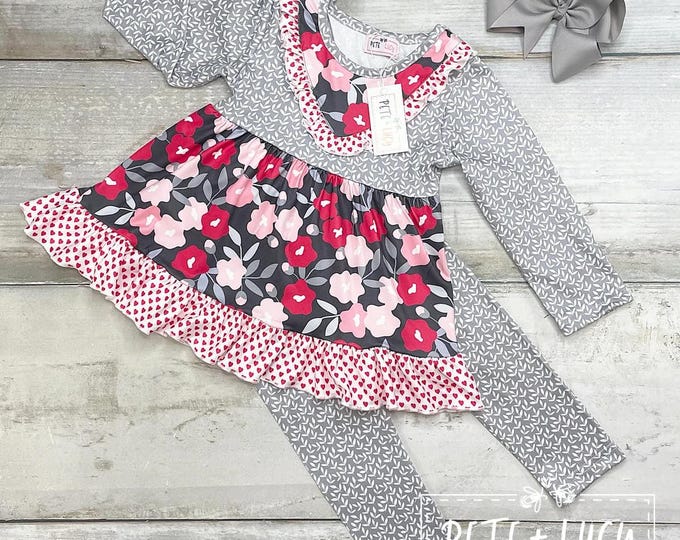 Girls Pete + Lucy Floral and Hearts Pant Set - Size 6/6X