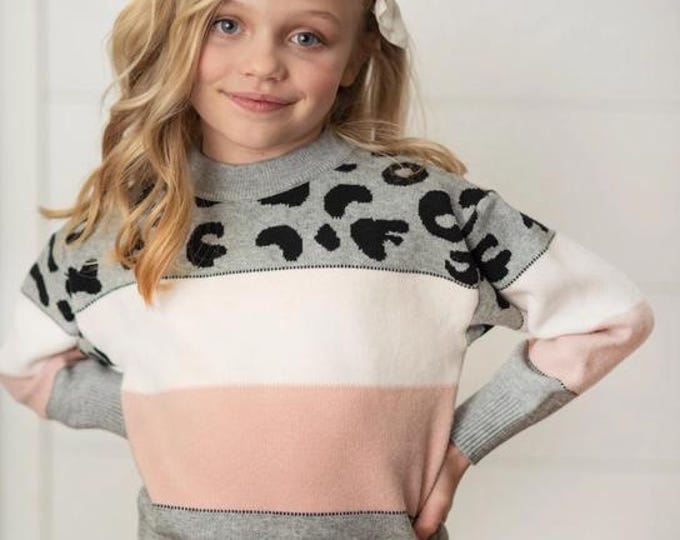 Girls Pink Gray Leopard Stripe Crew Neck Sweater