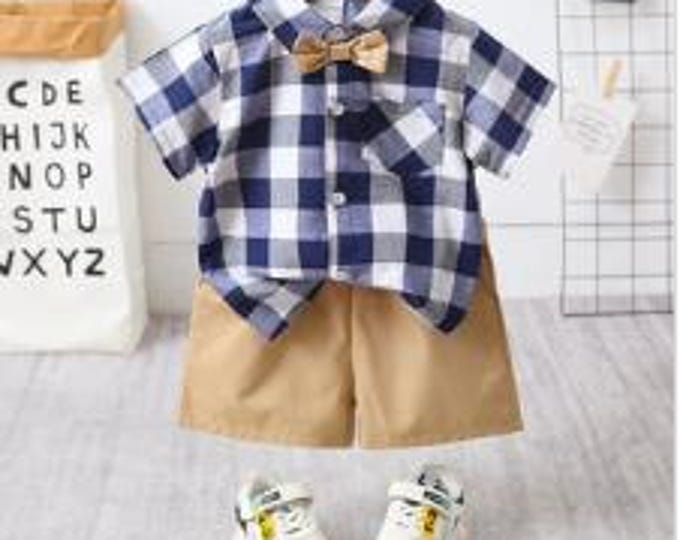 2-piece Casual Plaid Shirt & Khaki Shorts Boy Set Size 18-24 Months