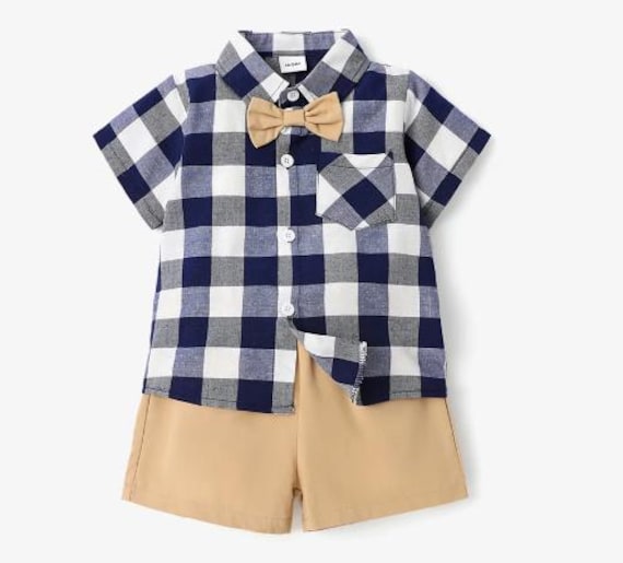2pcs Toddler Boy Casual Plaid Shirt & Khaki Shorts Set - Size 18-24 Month