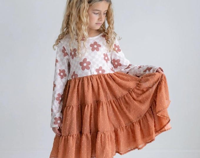 Girls Taupe Flower Check Print Swiss Dot Tulle Dress
