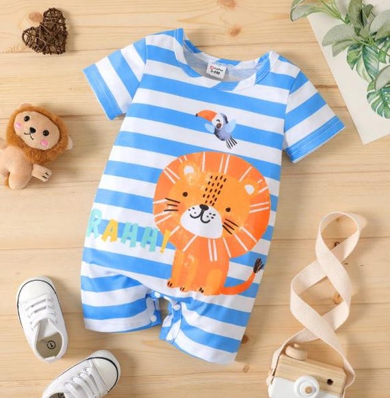 Baby Boy Cartoon Lion Print Blue Striped Short-Sleeve Romper - Size 3-6M