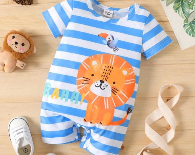 Baby Boy Cartoon Lion Print Blue Striped Short-Sleeve Romper - Size 3-6M