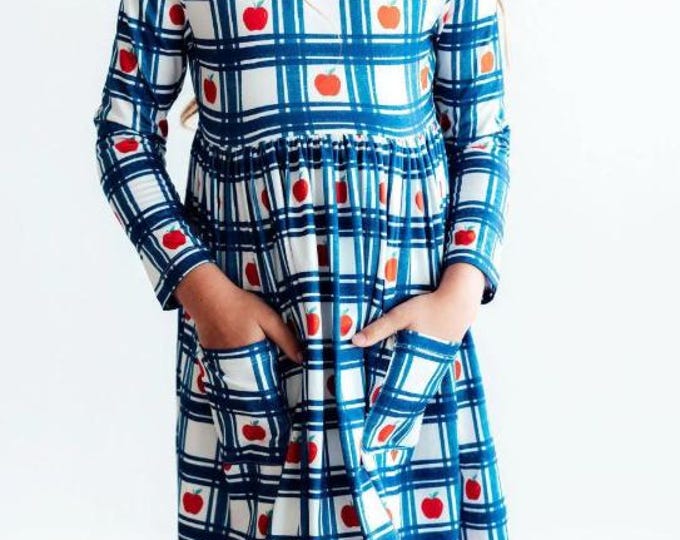 Apples and Plaid Long Sleeve Twirl Dress with Pockets