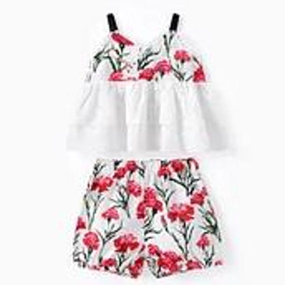 Baby Girl 2pcs Floral Print Mesh Camisole and Shorts Set