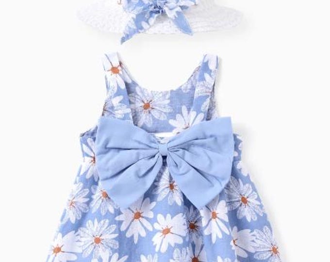 2pcs Baby Girl Little Daisy Bowknot Dress Set with Hat - Size 3-6 Month