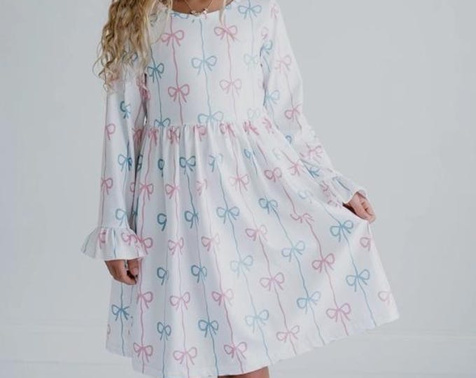 Girls Claire Coquette Pink & Blue Bow Winter Twirl Dress