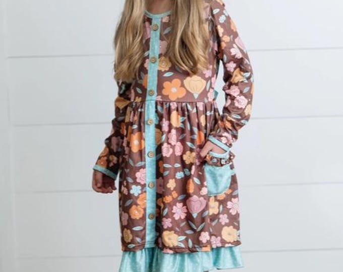 Girls Brown Floral Ruffle Pocket Tie Dress