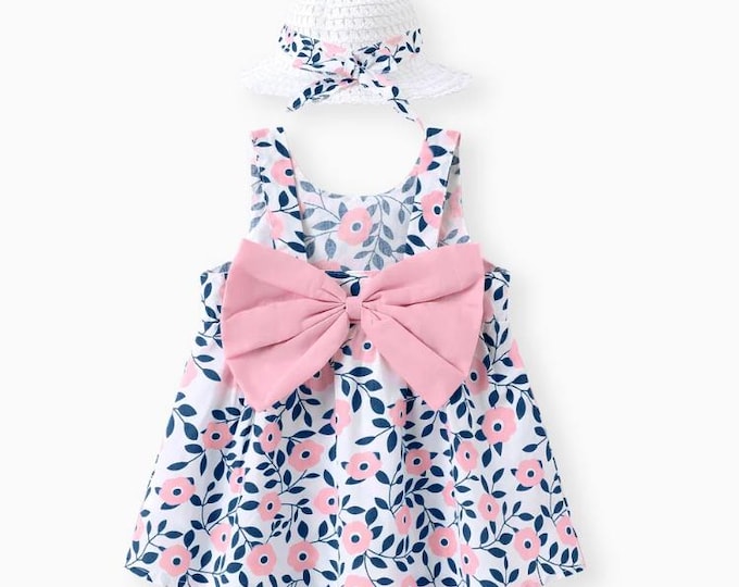 Pink 2pc Baby Girl Little Daisy Bowknot Dress Set with Hat
